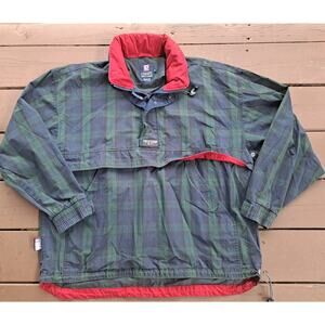 Chaps Ralph Lauren Men’s Green Blue Plaid Hidden Hood 1/2 Zip Pull Over Hooded